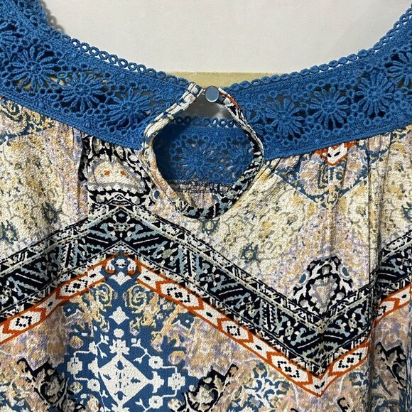 XHILARATION Blue Multi Pattern Peasant Lace Trim Dress with Bell Sleeves Size M - Picture 5 of 8